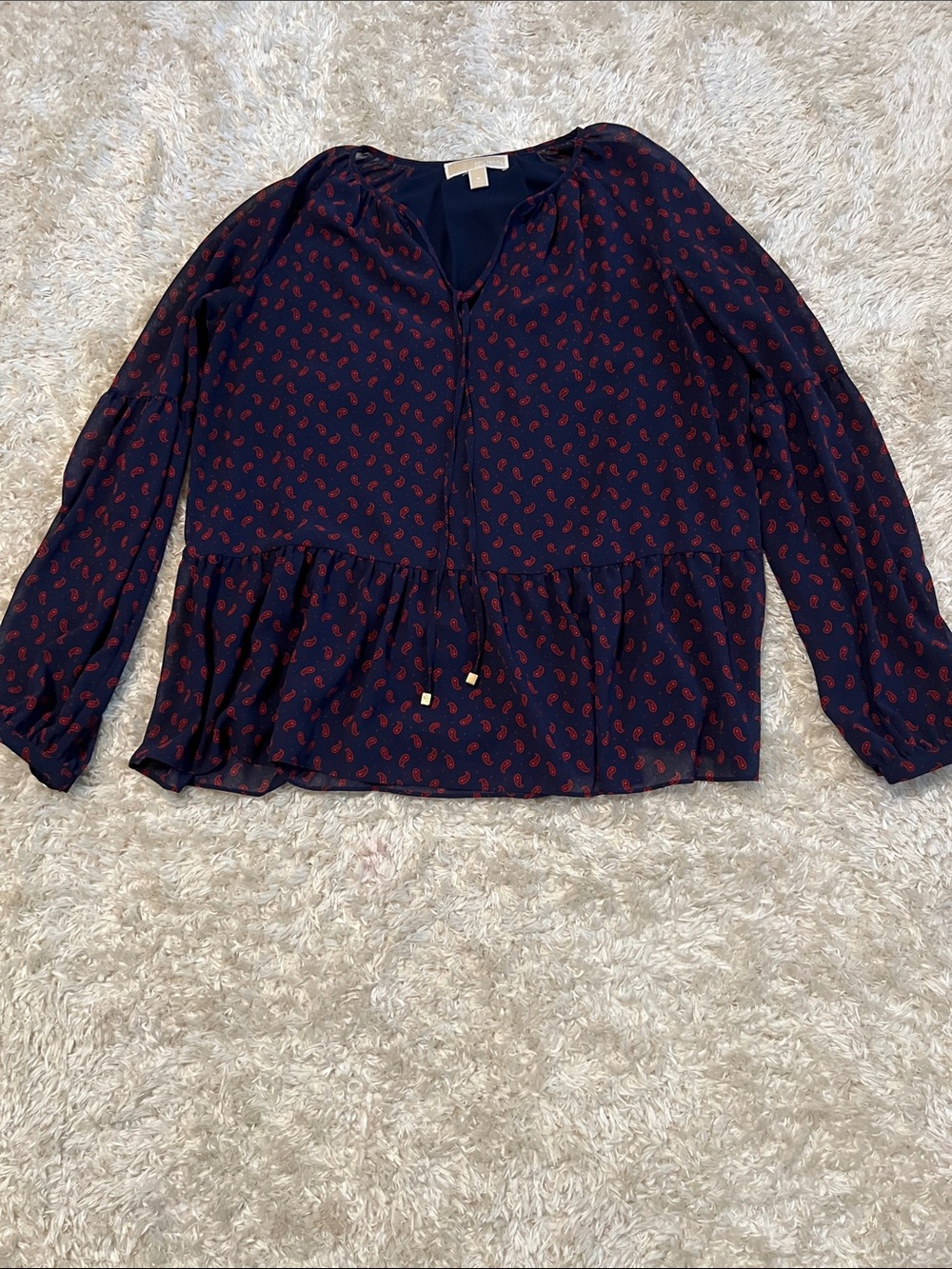 Michael Kors Navy Peasant Blouse with Red Paisley Print